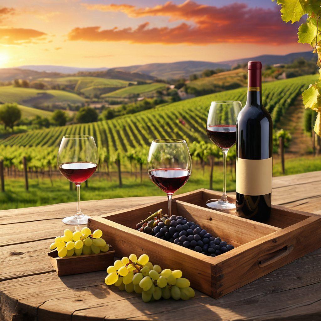 An elegantly arranged wine tasting scene featuring a beautifully set table with vibrant wine glasses, fresh grapes, and a rustic wooden wine box. In the background, a vineyard stretches across rolling hills under a sunset sky, while a knowledgeable sommelier gestures towards the wine bottles. Emphasize warm colors and a welcoming atmosphere to reflect wine culture. super-realistic. vibrant colors. 3D.