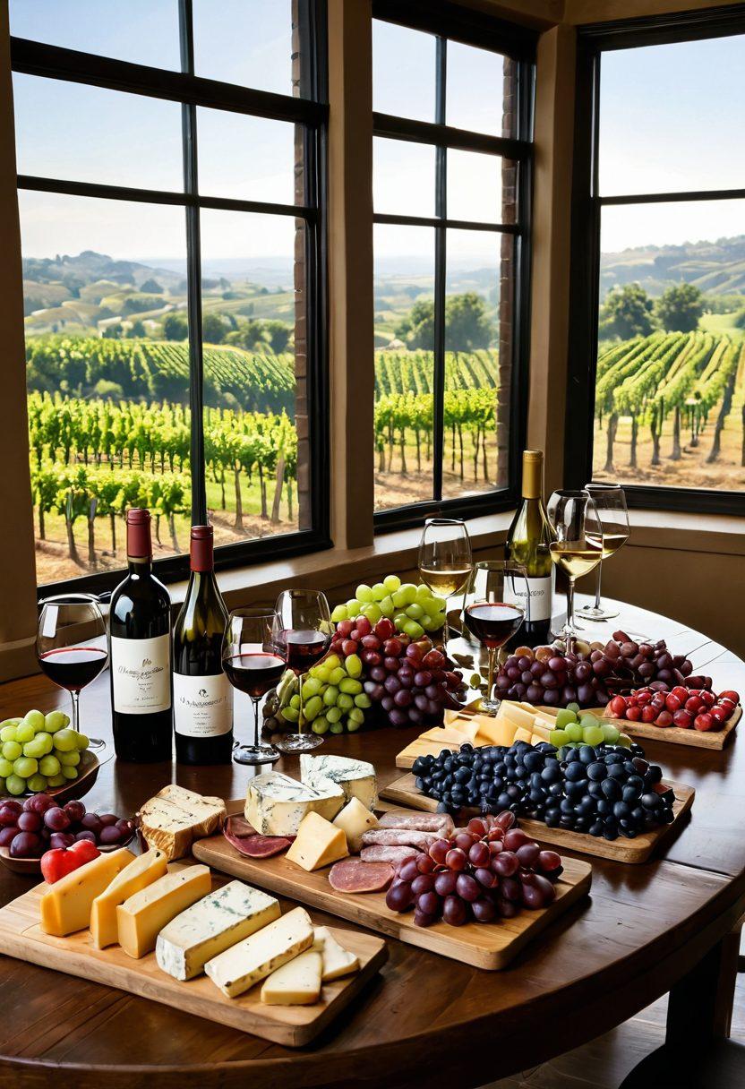 A beautifully arranged wooden table showcasing an array of wine bottles, each labeled with different varietals, alongside glasses filled with red and white wine. A lush vineyard backdrop is visible through a large window. Freshly prepared gourmet dishes like cheese, fruits, and meats are artfully placed next to the wine glasses. Soft, warm lighting enhances the inviting atmosphere. painting. vibrant colors.