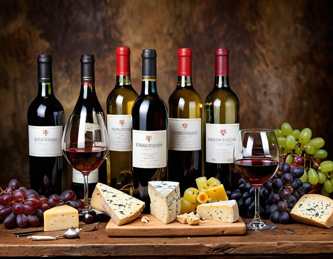 A beautifully arranged wine tasting scene featuring various wine glasses filled with vibrant red and white wines, a corkscrew in the foreground, and a selection of wine bottles from different regions displayed artfully. The background showcases a rustic wooden table adorned with grapes and cheese, creating an inviting atmosphere. Soft, warm lighting highlights the richness of the colors. super-realistic. vibrant colors. cozy ambiance.